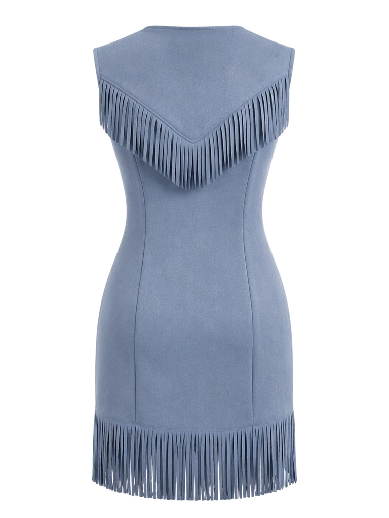 Robe western en suédine à col V zippé, clous et franges années 1970 - 3