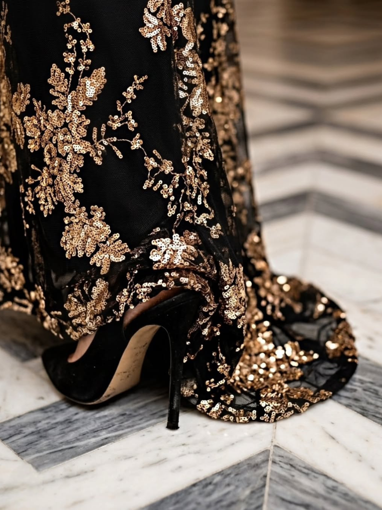 Robe longue à paillettes et col en V profond des années 1930