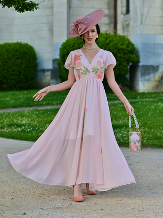 Robe rose col V manches à volants imprimé floral années 1940