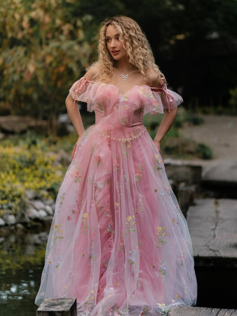 Robe fendue tulle fleurs rose 1970s