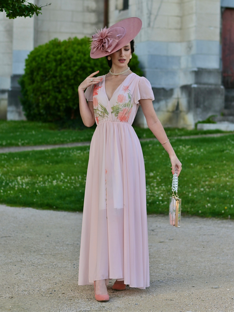 Robe rose col V manches à volants imprimé floral années 1940