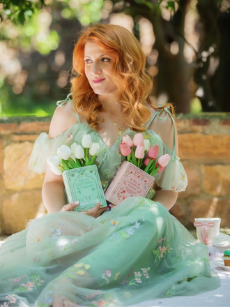 Robe fendue en tulle Lac Verte brodé de fleurs années 1970