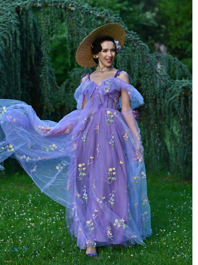 Robe fendue violette tulle fleurs 1970s