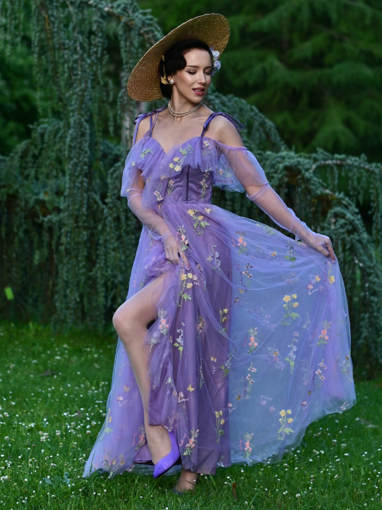 Robe fendue violette tulle fleurs 1970s