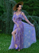 Robe fendue violette tulle fleurs 1970s