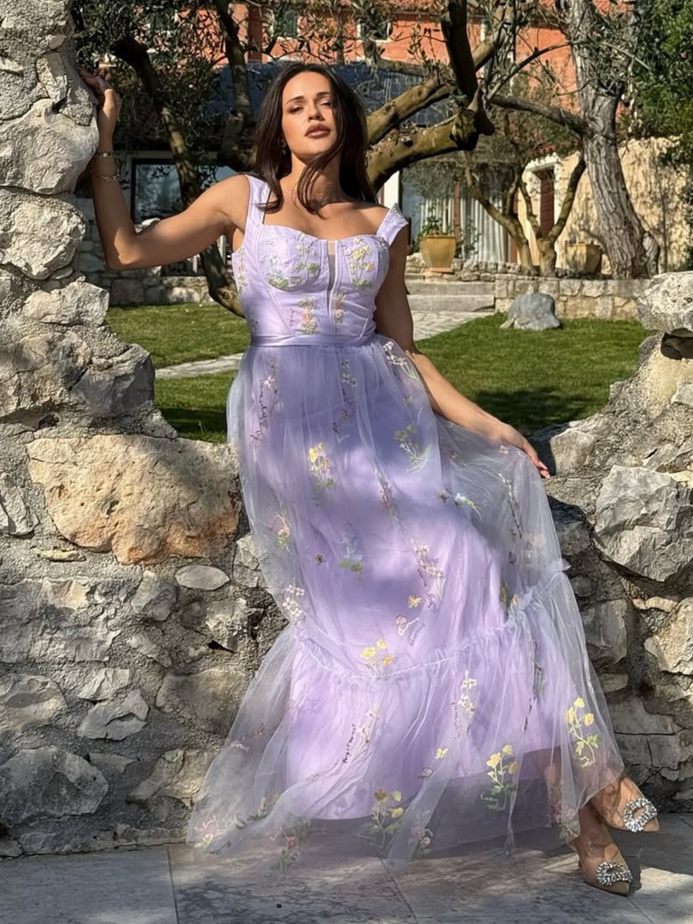 Robe en maille florale à lacets et baleines violette des années 1930