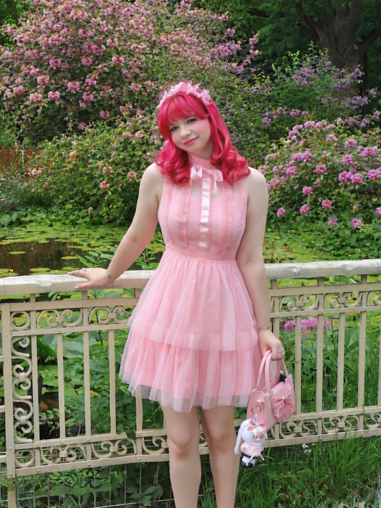 Robe rose en tulle avec bordure en dentelle et nœud années 1960