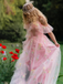 Robe fendue tulle fleurs rose 1970s