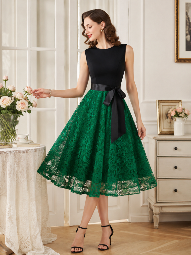 Robe Swing Sans Manches Dentelle Vert Émeraude Années 1950