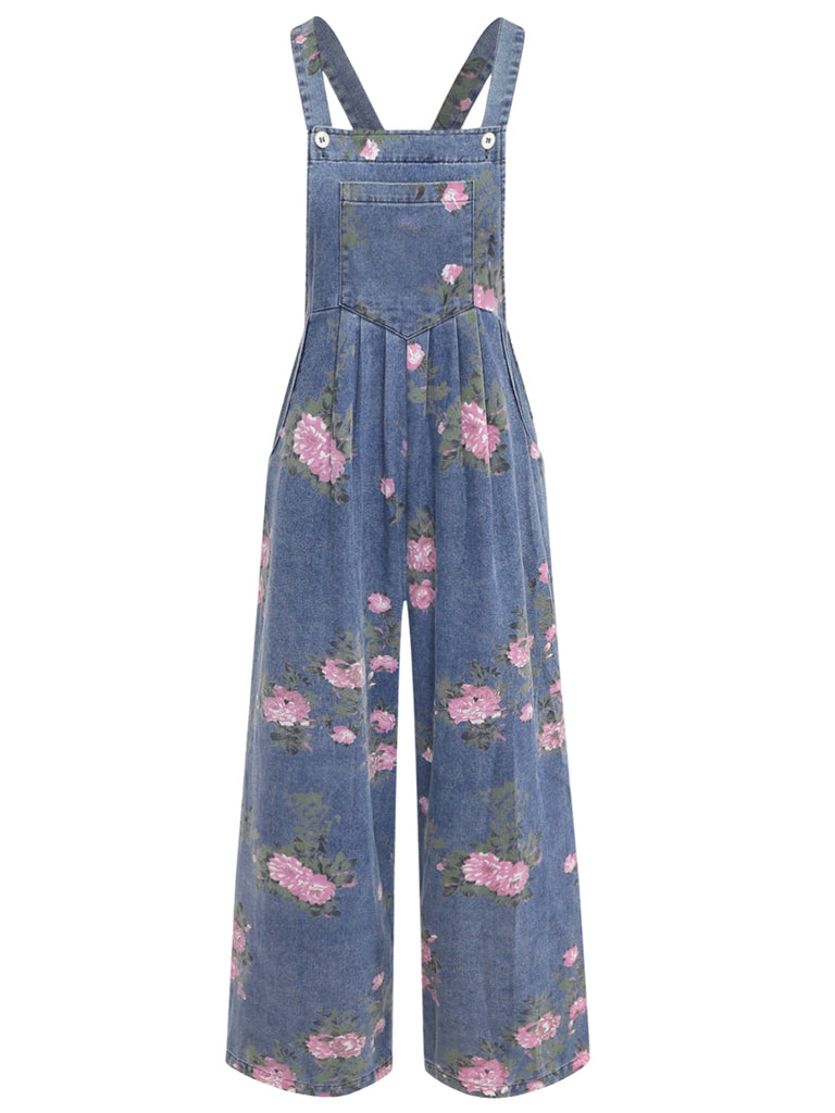 Salopette en denim bleu à fleurs et jambes larges années 1940 - 1