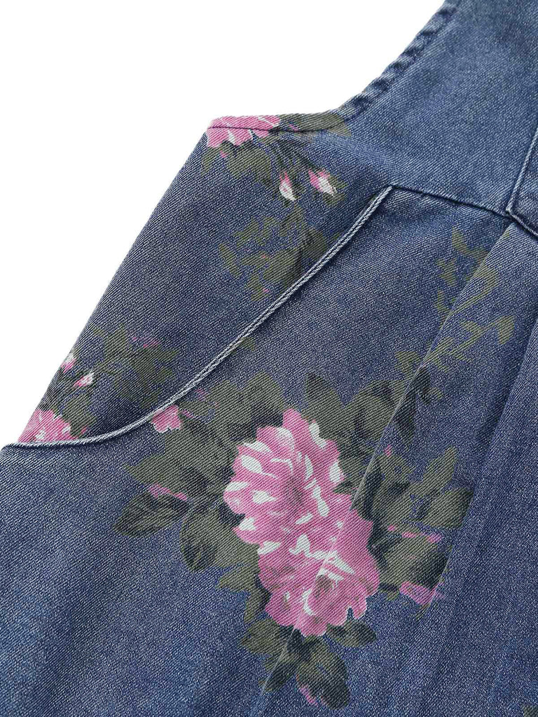 Salopette en denim bleu à fleurs et jambes larges années 1940 - 4