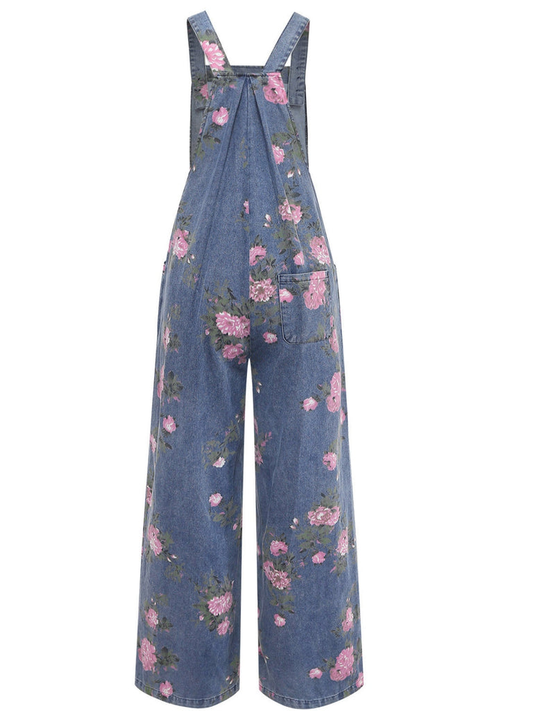 Salopette en denim bleu à fleurs et jambes larges années 1940 - 6