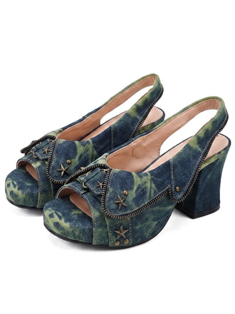 Sandales à plateforme en denim tie-dye bleu et vert, clous étoilés et bride arrière - 1
