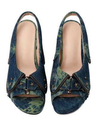 Sandales à plateforme en denim tie-dye bleu et vert, clous étoilés et bride arrière - 2
