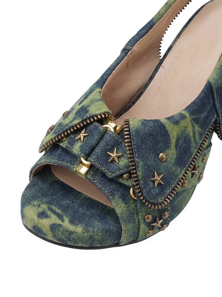 Sandales à plateforme en denim tie-dye bleu et vert, clous étoilés et bride arrière - 3