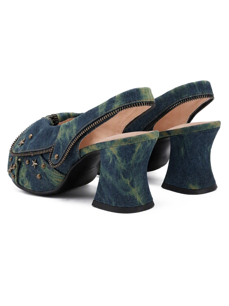 Sandales à plateforme en denim tie-dye bleu et vert, clous étoilés et bride arrière - 4