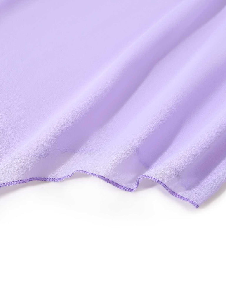 Detailed view of the lightweight, semi-transparent lavender fabric at the dress's hemline.