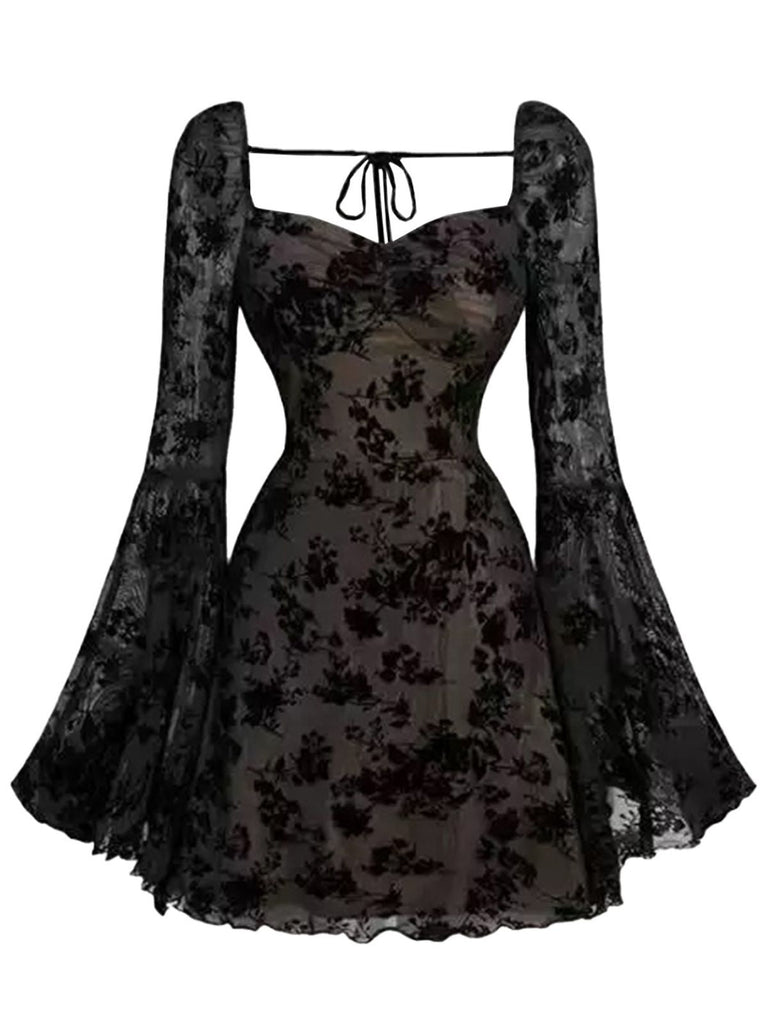 [Prévente] Robe vin rouge en dentelle florale manches évasées des années 1950
