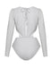Back view of the silver shimmer bodysuit highlighting the elegant lace-up tie closure and open-back design.