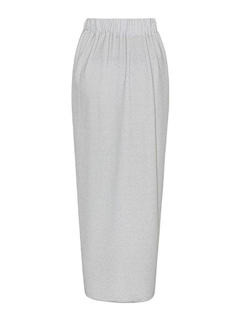 Back view of the shimmering silver high-waisted maxi skirt on a clean white background.