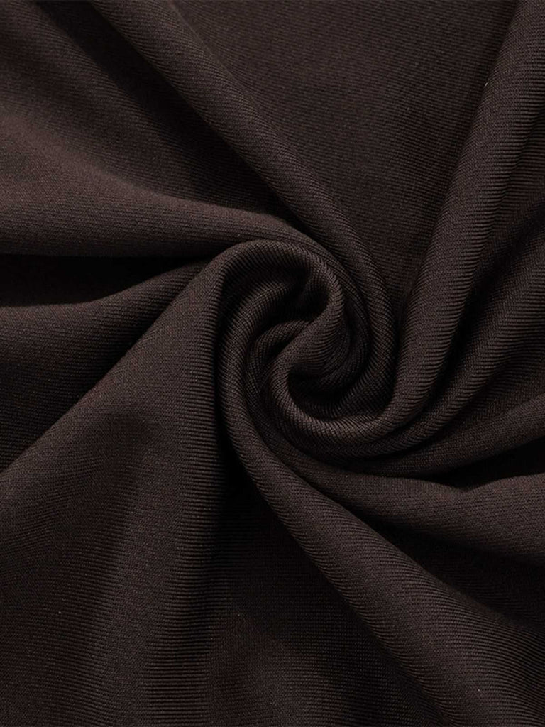 Detailed shot of the smooth, high-stretch brown fabric used for the maxi dress skirt.