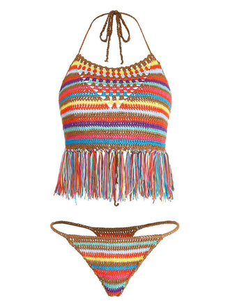 Multicolore Rayé Pompon Crochet Halter Ensemble Bikini Années 1970 2