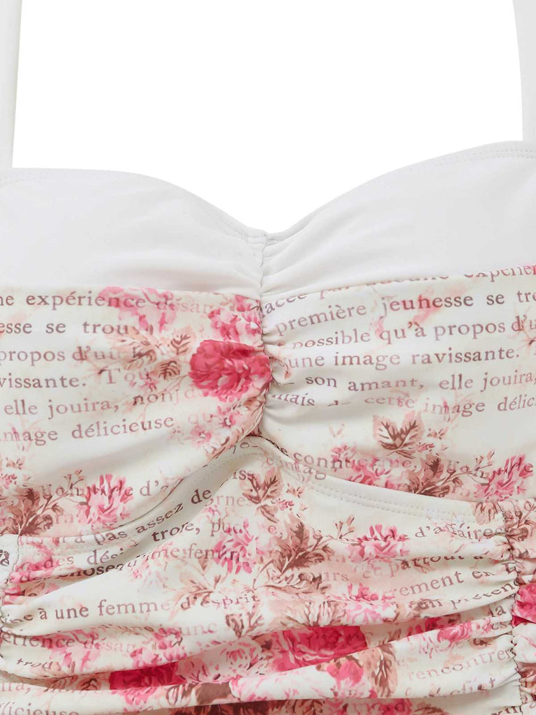 Detailed shot of the ruched sweetheart neckline and the delicate pink floral pattern.