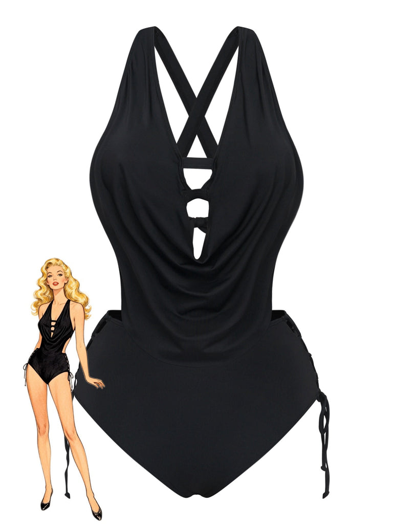 Tankini noir vintage avec découpes croisées et laçage style années 40