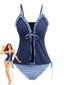 Ensemble tankini rayures volants lien devant bleu marine 1950s