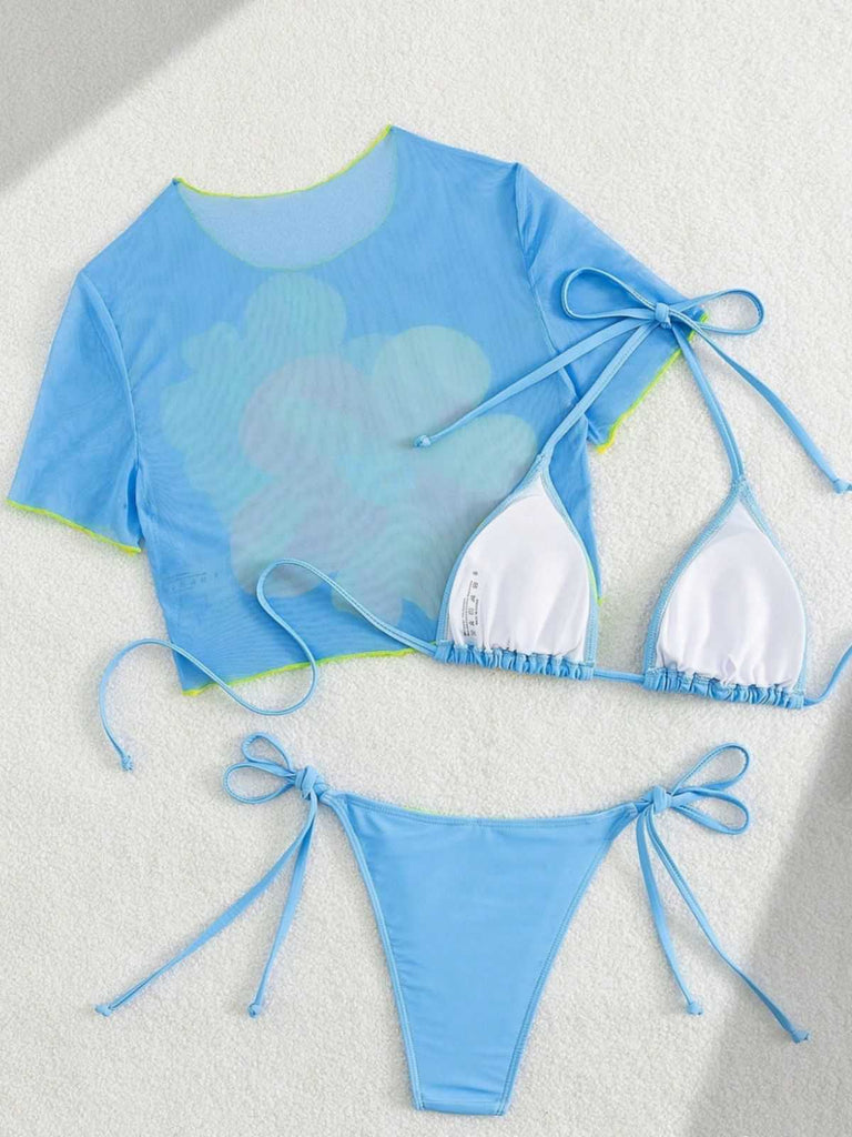 3PCS Ciel Bleu Floral Ensemble Bikini & Haut Court Années 1960 5