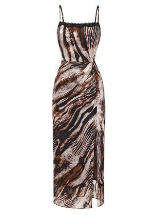Front view of the animal print midi dress showing the sleek silhouette and spaghetti straps.
