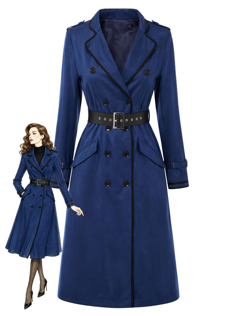 Trench bleu foncé à double boutonnage, ceinture et détails contrastants années 1950 - 1