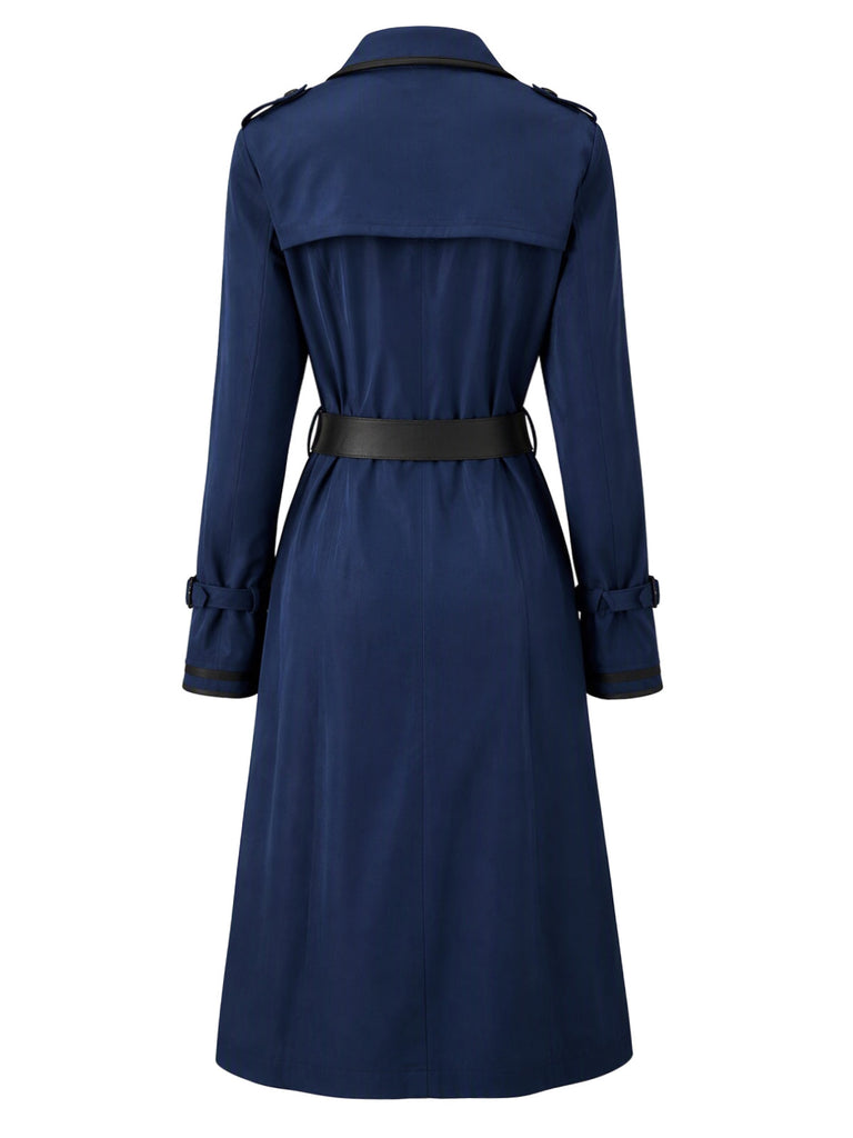 Trench bleu foncé à double boutonnage, ceinture et détails contrastants années 1950 - 3