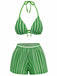 Ensemble bikini à rayures vertes et blanches sur fond blanc