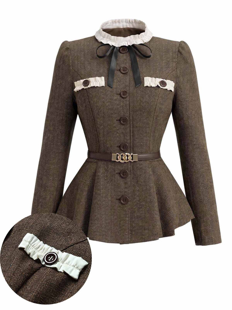 [Prévente] Veste blazer à chevrons, col montant, volants et ceinture années 1940 - 1