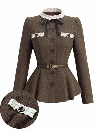 [Prévente] Veste blazer à chevrons, col montant, volants et ceinture années 1940 - 1