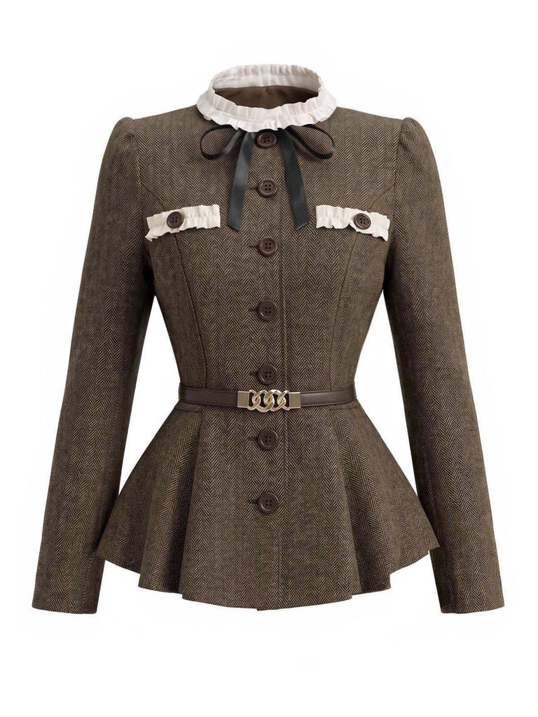 [Prévente] Veste blazer à chevrons, col montant, volants et ceinture années 1940 - 2