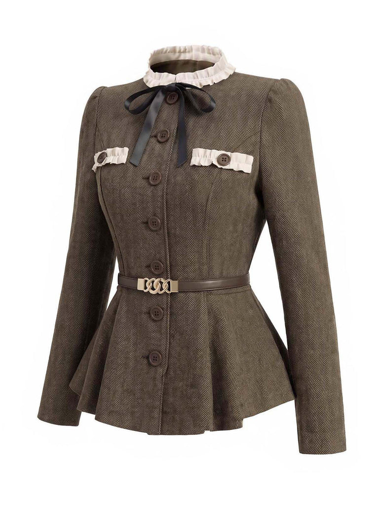 [Prévente] Veste blazer à chevrons, col montant, volants et ceinture années 1940 - 3