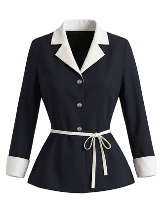 [Prévente] Veste Blazer Bleu Foncé à Revers Contrastés et Ceinture Années 1960 - 1