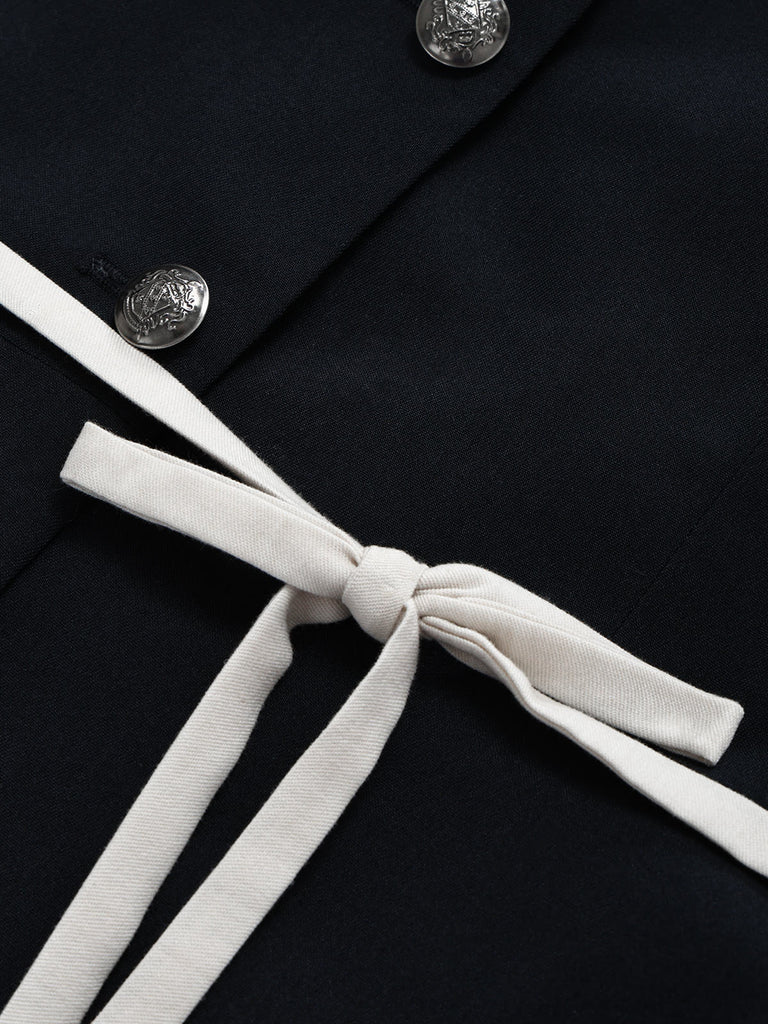 [Prévente] Veste Blazer Bleu Foncé à Revers Contrastés et Ceinture Années 1960 - 3