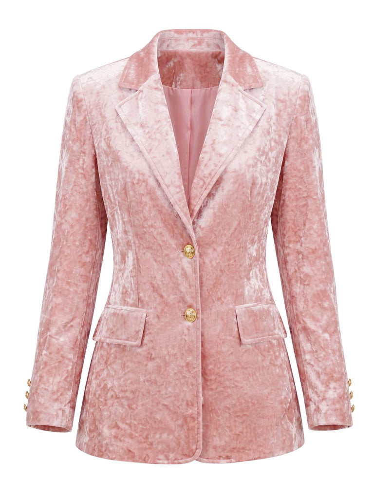 Veste Blazer Rose en Velours Froissé à Double Boutonnage Années 1950 - 1