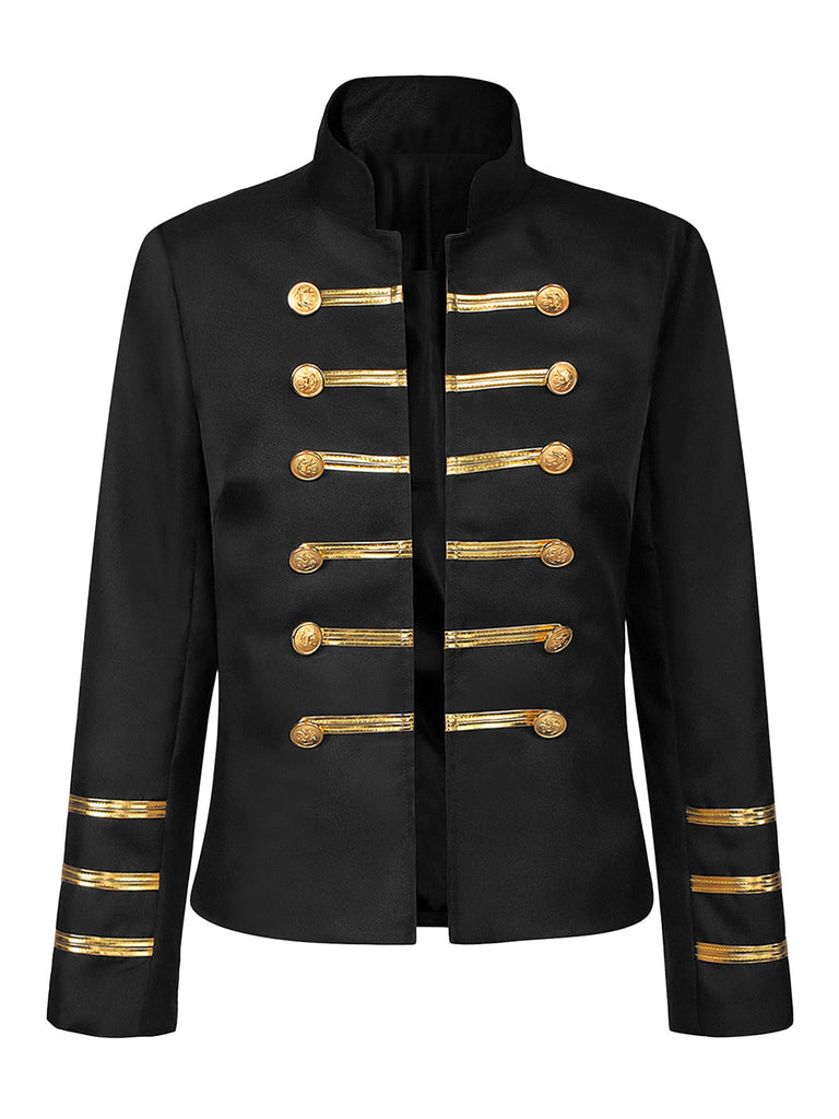Veste militaire noire à col montant, boutons et galon doré années 1960 - 2
