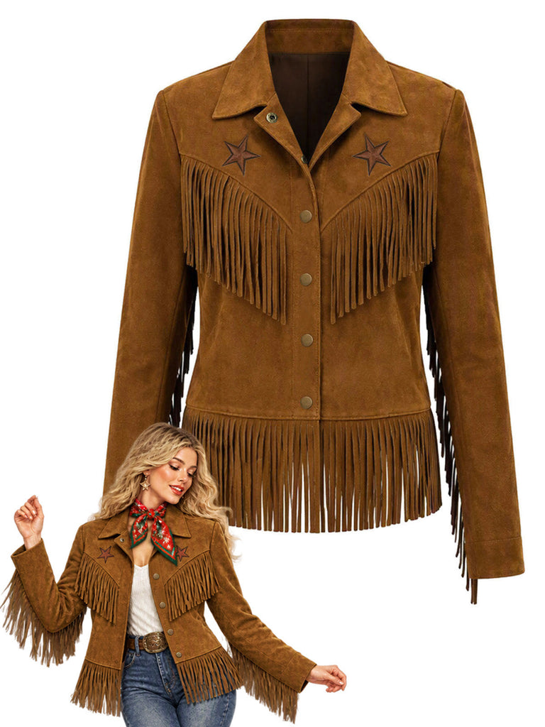 [Prévente] Veste western marron en suédine à étoiles et franges années 1970 - 1
