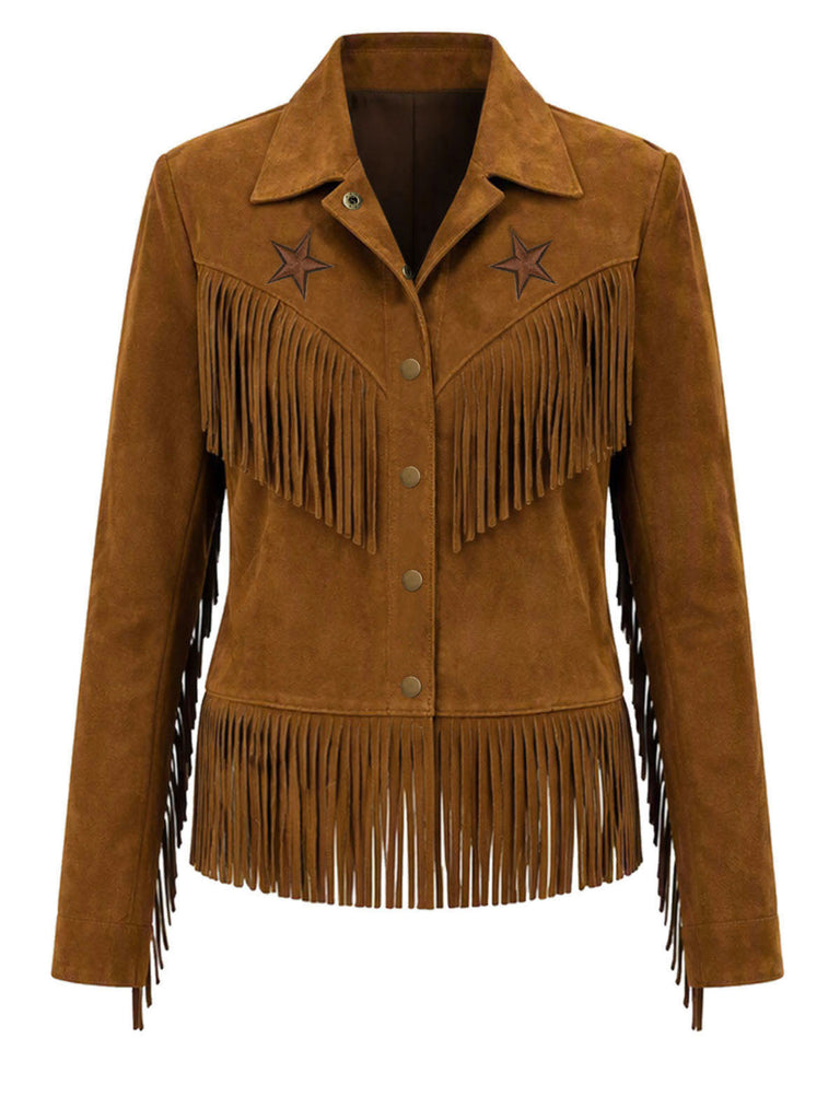 [Prévente] Veste western marron en suédine à étoiles et franges années 1970 - 2