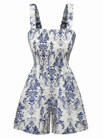 Bleu Baroque Smocké Bretelles Combishort Années 1970 2