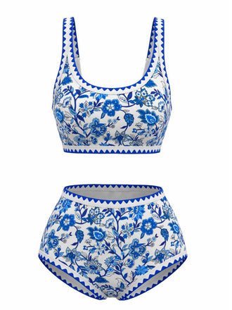 Col Rond Floral Taille Haute Ensemble Bikini Années 1950 2