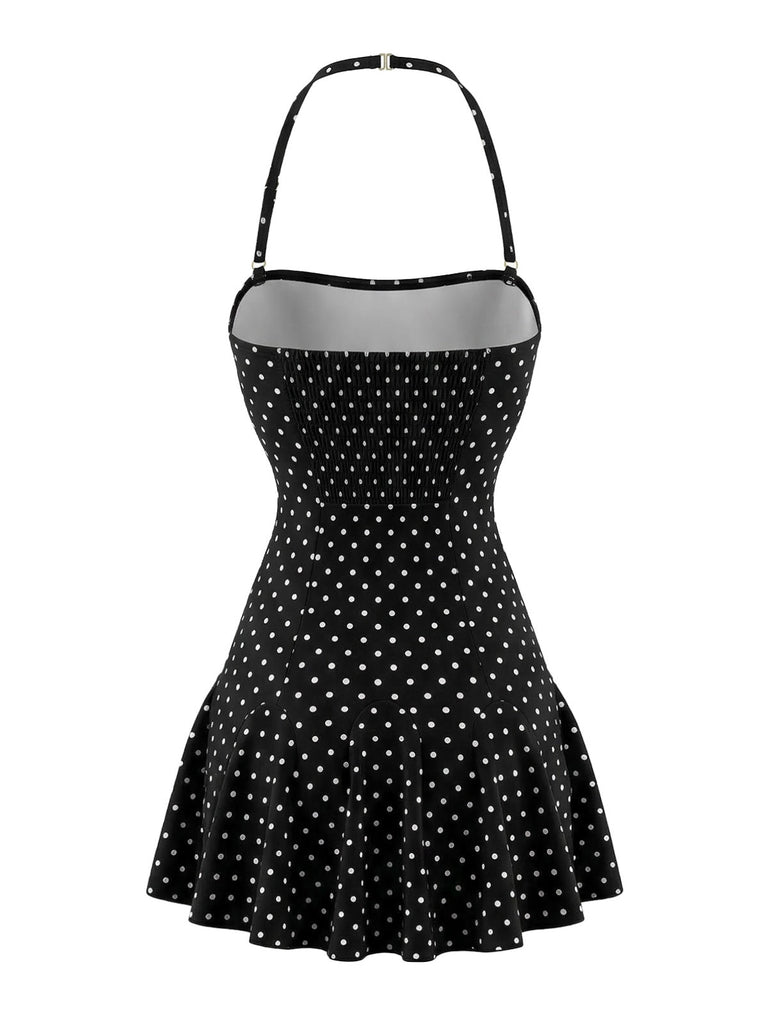 Noir à Pois Halter Dos Nu Maillot de Bain à Jupe Années 1950 2