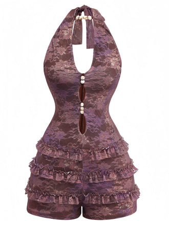 Front view of the purple lace romper highlighting the body-con silhouette, halter neckline, and playful tiered ruffles.