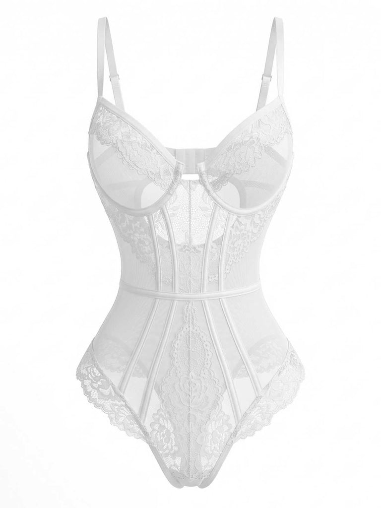 Front studio shot of the floral lace and mesh structural bodysuit in a bright white colorway.