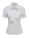 A white short-sleeve button-down blouse with grey vertical pinstripes and a built-in bow tie at the neckline.